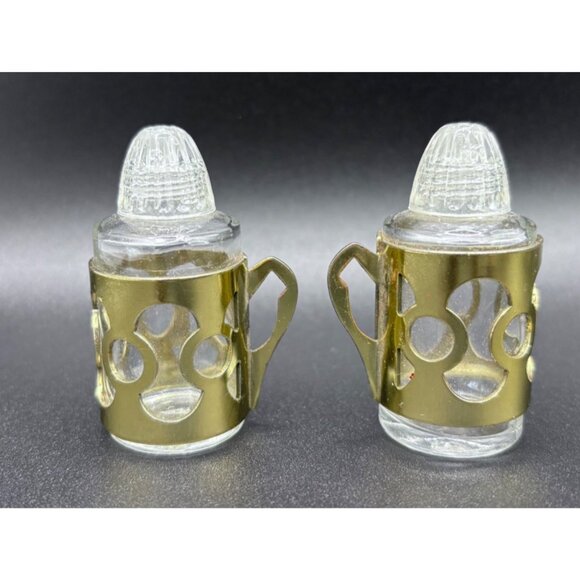 Vintage Glass Salt & Pepper Shakers Brass Colored MCM Design - Picture 2 of 5